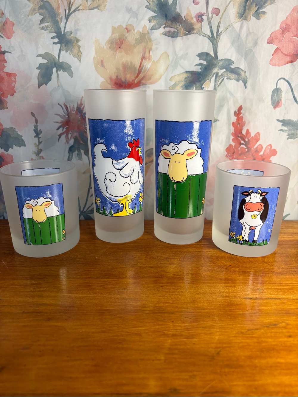 Vintage Farm Animal Frosted Drinking Glasses - Blue and Green